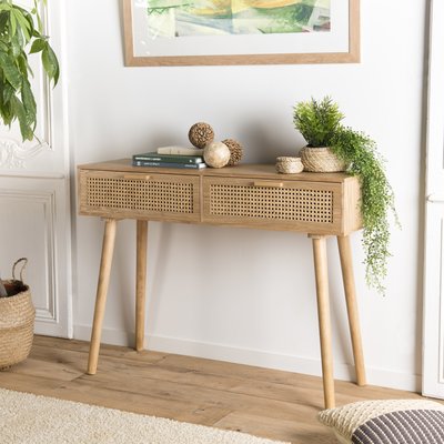 Console d'entrée vintage en bois 2 tiroirs cannage en rotin 110x33cm PALMA PIER IMPORT