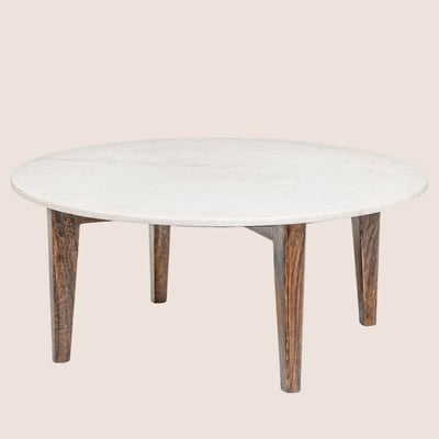 Table basse ronde vintage en manguier et marbre blanc L75 - BLANY HELLIN, DEPUIS 1862