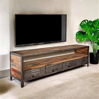 Meuble TV 198cm bois recyclé et métal 4 tiroirs métalliques 1 niche style industriel CARAVELLE PIER IMPORT