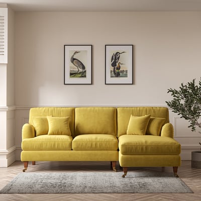 Emeline Textured Velvet Corner Chaise Sofa with Castor Legs (Right Fac ÉDITÉ