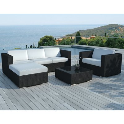 Salon de Jardin COPACABANA en résine noire et coussins tissu blanc écru PIER IMPORT