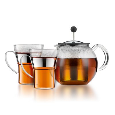 Théière à piston Assam 1 L avec 2 tasses en verre BODUM