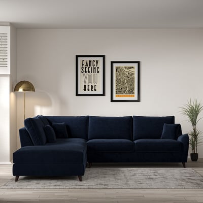 Amelia Velvet Corner Sofa & Modular Footstool Set with Dark Wood Legs (Left Facing) ÉDITÉ