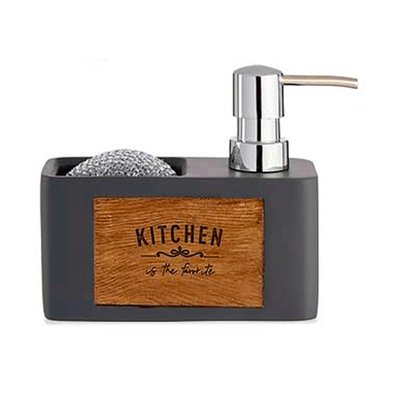 Distributeur liquide vaisselle + porte éponges gris et bois - 11.5x11x19cm WADIGA