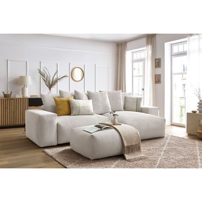 Canapé d'angle convertible 5 places en velours côtelé avec pouf, VOLTAIRE BOBOCHIC