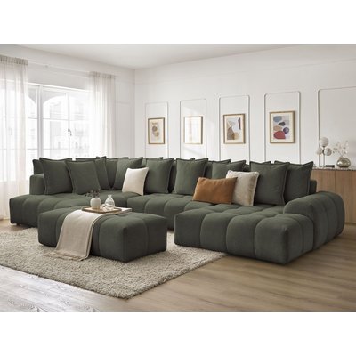 Canapé panoramique convertible 7 places en tissu chiné avec pouf, EVEREST BOBOCHIC