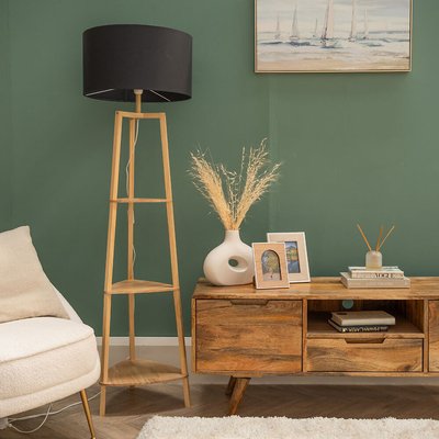 Natural Wood 3 Tier Shelf Floor Lamp with Large Shade SO'HOME