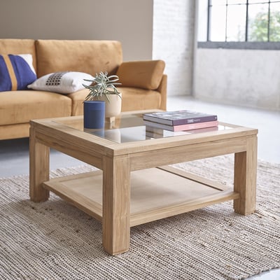 Table basse en teck massif 80 cm double plateau  BOSTON BERAH GETAH