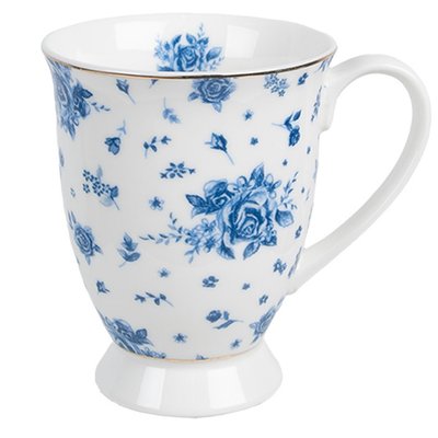 Mug en porcelaine blanche motif fleuri bleu 12x8x10cm WADIGA