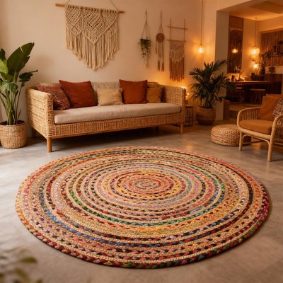 Tapis rond fait à la main en jute motif ethnique ALANA UN AMOUR DE TAPIS