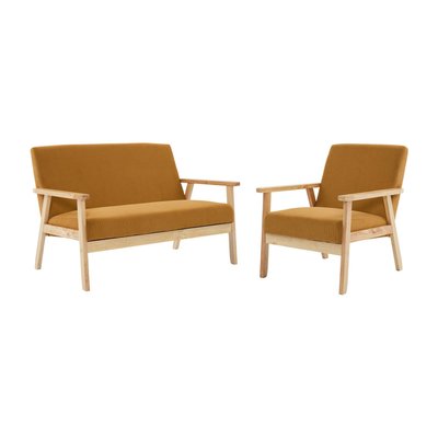 Banquette + fauteuil 3 places bois d'hévéa velours côtelé ISAK SWEEEK