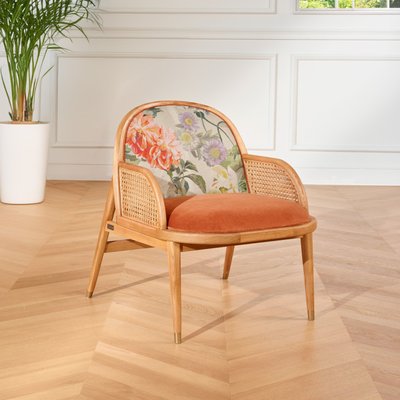Fauteuil en chêne, cannage et velours MARCEL ROBIN DES BOIS