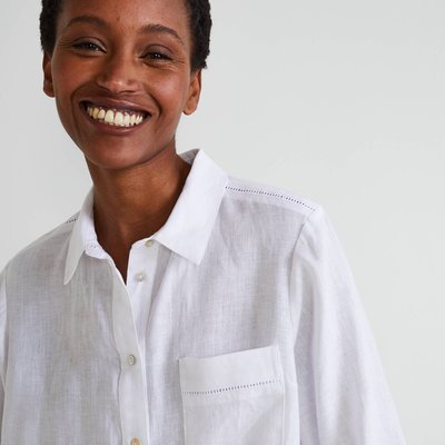 Chemise de nuit manches longues unie en lin MONOPRIX