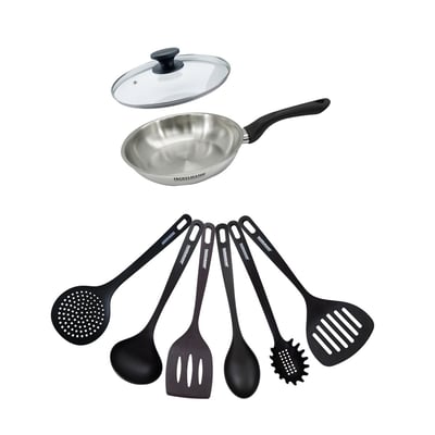 Set poêle 20 cm en inox, couvercle verre et 6 ustensiles GENEVA FACKELMANN