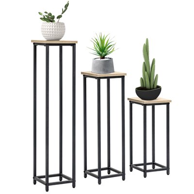 Lot de 3 étagères à fleurs acier noir plateaux aspect bois de noyer OUTSUNNY