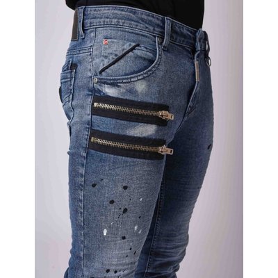 Jean skinny fit délavage bleu brut tacheté  zips apparent côté PROJECT X