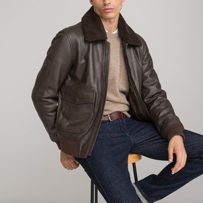Blouson aviateur en cuir lisse col sherpa LA REDOUTE COLLECTIONS