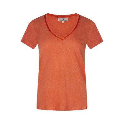 T-shirt en lin mélangé blanc chiné avec un col v pailleté et une coupe droite FREEMAN T. PORTER