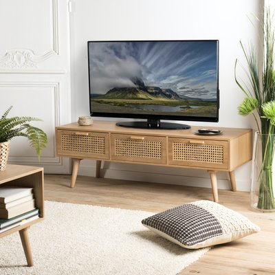 Meuble TV 120cm en bois avec cannage rotin 3 tiroirs style vintage PALMA PIER IMPORT