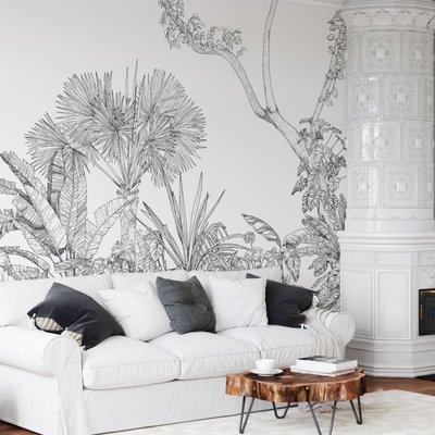 Papier peint panoramique, Paysage tropical et naturel noir et blanc - 510x260 cm (l x h) LA TOUCHE ORIGINALE