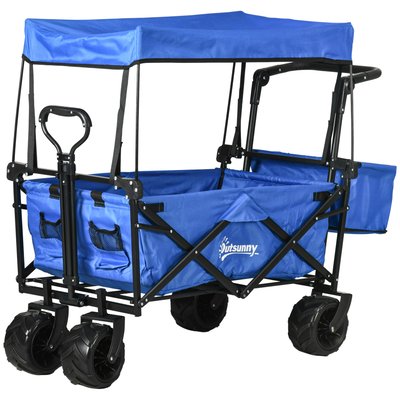 Chariot de plage pliant avec toit poignée panier métal noir oxford bleu OUTSUNNY