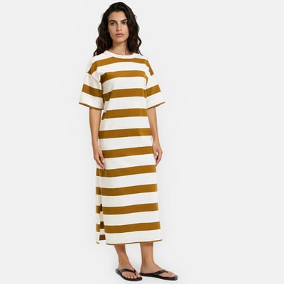 Robe longue rayée boutons épaules, manches courtes LA REDOUTE COLLECTIONS