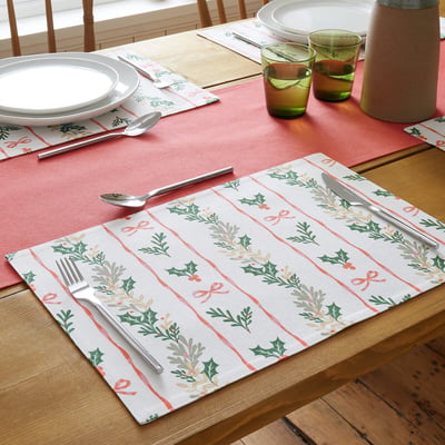 Holly Stripe Christmas Cotton Dining Placemat 4 Pack CATHERINE LANSFIELD