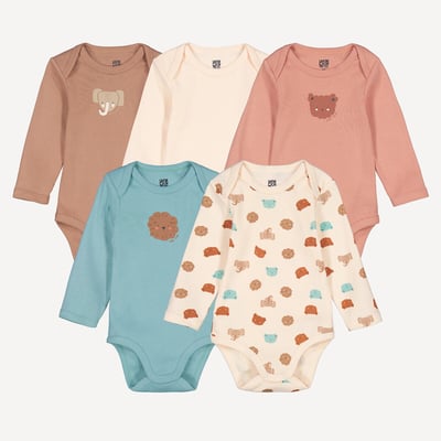 Lot de 5 bodies emmanchures américaines manches longues, en coton, motif anmaux LA REDOUTE COLLECTIONS