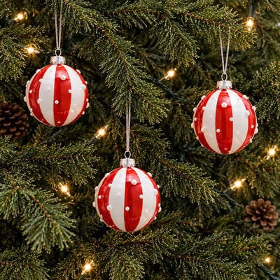 Set of 3 Red Stripe Baubles SO'HOME