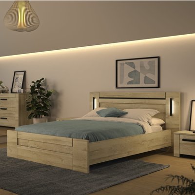 Lit en bois clair effet chêne avec led sensitive TERRE DE NUIT
