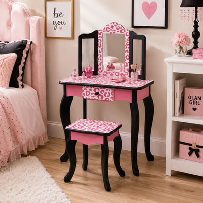 Coiffeuse Tabouret Enfant Bois avec miroir, tabouret et tiroir, FASHION PRINTS TEAMSON KIDS