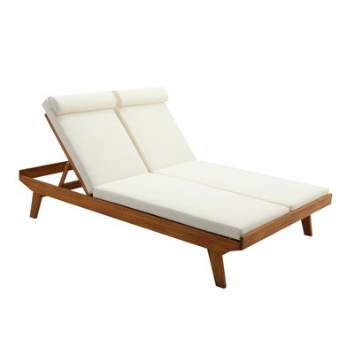 Bain de soleil double avec dossiers multipositions beige et bois massif L127 cm CARACAS MILIBOO