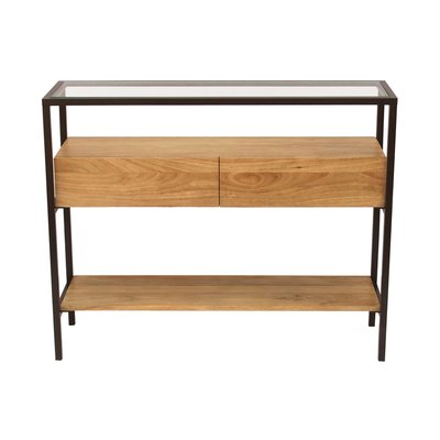 Console en bois clair manguier massif et plateau en verre 2 tiroirs L100 cm SITA MILIBOO