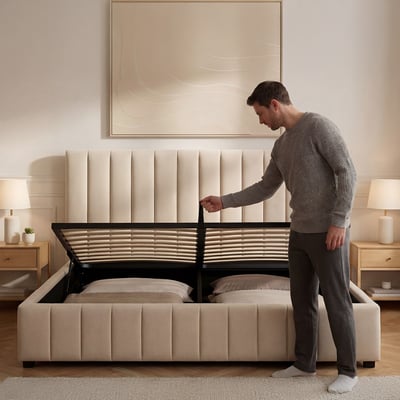 Lit Coffre Velours Beige TROCADÉRO BELLECOUR