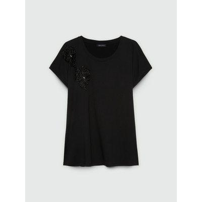 T-shirt avec fleurs en organza brodées et des perles sur l’épaule droite FIORELLA RUBINO