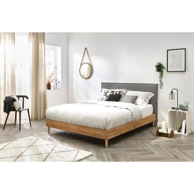 Lit en MDF Tissu avec pieds en bois naturel, CARA BOBOCHIC