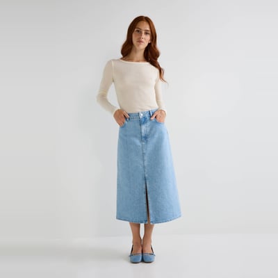 Jupe Longue En Jean Avec Fente Frontale - Marque TooCool, Taille Régulière, Neuf Avec étiquettes