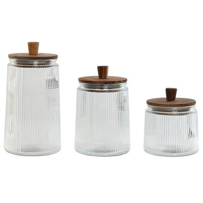 Set de 3 pots en verre strié et bois d'acacia 12.5x12.5x36.5cm WADIGA