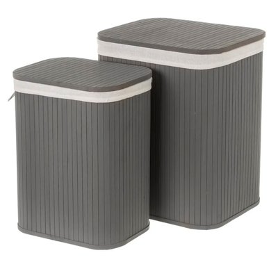 Set de 2 paniers à linge rectangulaires bambou gris et intérieur tissu WADIGA