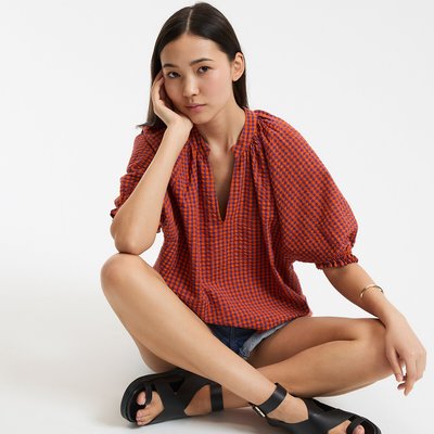 Gingham geruite blouse met V-hals en pofmouwen LA REDOUTE COLLECTIONS