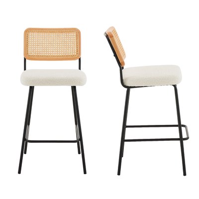 Lot de 2 tabourets de bar en cannage et tissu bouclé - MUSE HOMIFAB