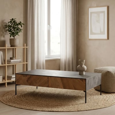 Table basse en bois de teck et métal 4 tiroirs - JAKARTA HELLIN, DEPUIS 1862