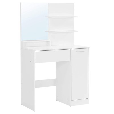Coiffeuse blanche avec miroir, 1 tiroir, 2 étagères et armoire de rangement - L80 x H132 cm CALICOSY