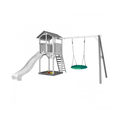 AXI Structure de jeu Beach Tower avec 1 balancoire siege nid rond Blanc Gris avec Toboggan Blanc AXI HOUSE