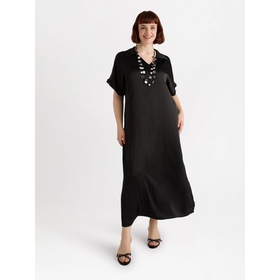 Robe longue en satin avec col et manches courtes finies par un bord effiloché FIORELLA RUBINO
