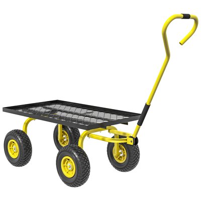 Chariot de transport jardin charrette 4 roues acier noir jaune OUTSUNNY