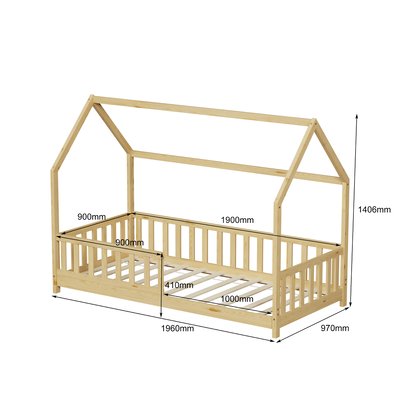 Lit cabane avec barrière TCHOUPI (matelas non inclus) MINEA