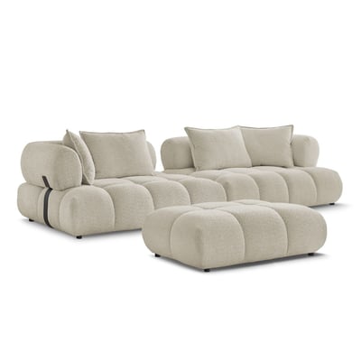 Canapé droit fixe 4 places en tissu bouclette avec pouf, ALYA BOBOCHIC