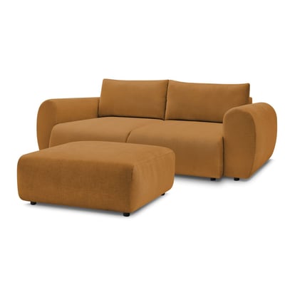 Canapé droit convertible 4 places en tissu lisse avec pouf, LUCIEN BOBOCHIC