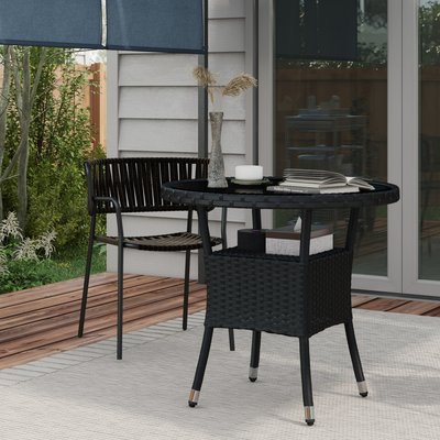 Table ronde de jardin résine tressée plateau verre trempé avec étagère noir OUTSUNNY